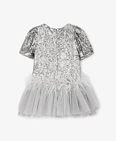 Платье комбинированное с коротким рукавом серое для девочки