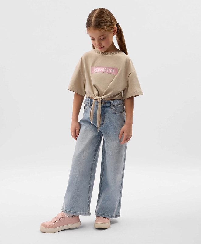 Футболка для девочки укороченная с завязками бежевая