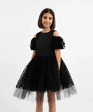 Платье комбинированное с объёмными короткими рукавами чёрное для девочки