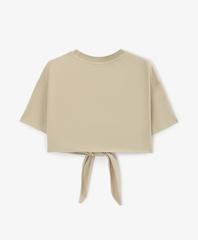 Футболка для девочки укороченная с завязками бежевая