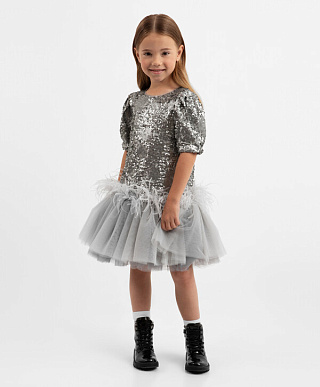Платье комбинированное с коротким рукавом серое для девочки