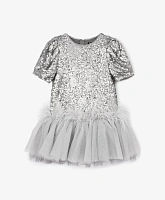 Платье комбинированное с коротким рукавом серое для девочки