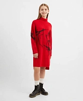 Платье с длинным рукавом вязаное красное для девочки