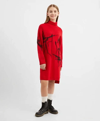 Платье с длинным рукавом вязаное красное для девочки