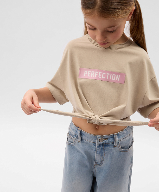 Футболка для девочки укороченная с завязками бежевая