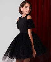 Платье комбинированное с объёмными короткими рукавами чёрное для девочки