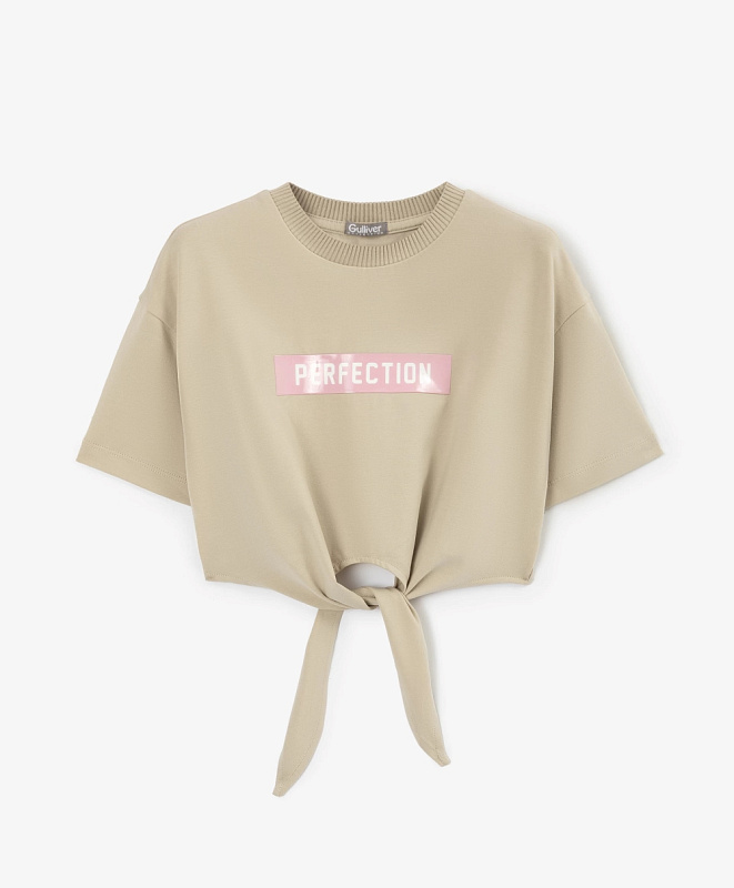 Футболка для девочки укороченная с завязками бежевая