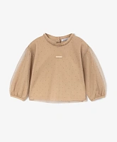 Лонгслив из трикотажа и тонкой сетки бежевый для девочки