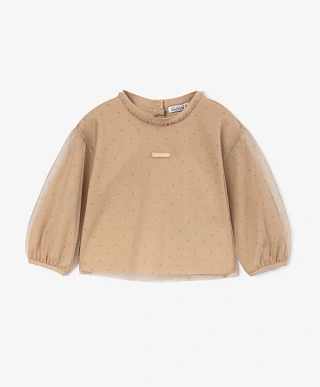 Лонгслив из трикотажа и тонкой сетки бежевый для девочки