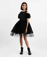 Платье комбинированное с объёмными короткими рукавами чёрное для девочки