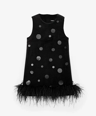 Платье из велюра с пайетками и перьями чёрное для девочки