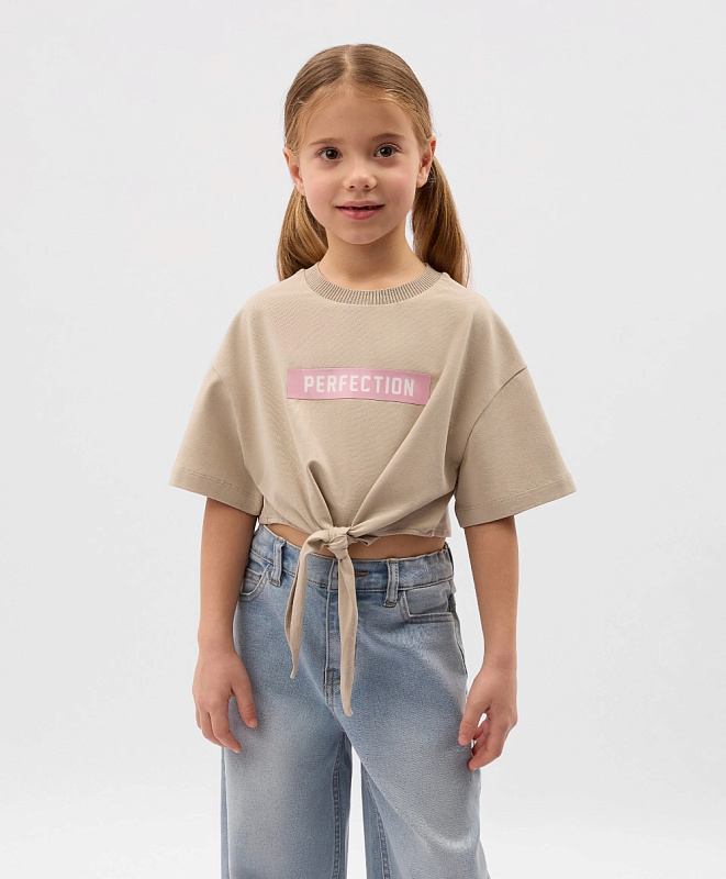 Футболка для девочки укороченная с завязками бежевая
