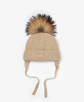 Шапка вязаная с помпоном бежевая
