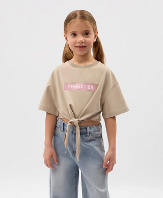 Футболка для девочки укороченная с завязками бежевая
