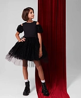 Платье комбинированное с объёмными короткими рукавами чёрное для девочки