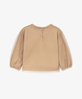 Лонгслив из трикотажа и тонкой сетки бежевый для девочки