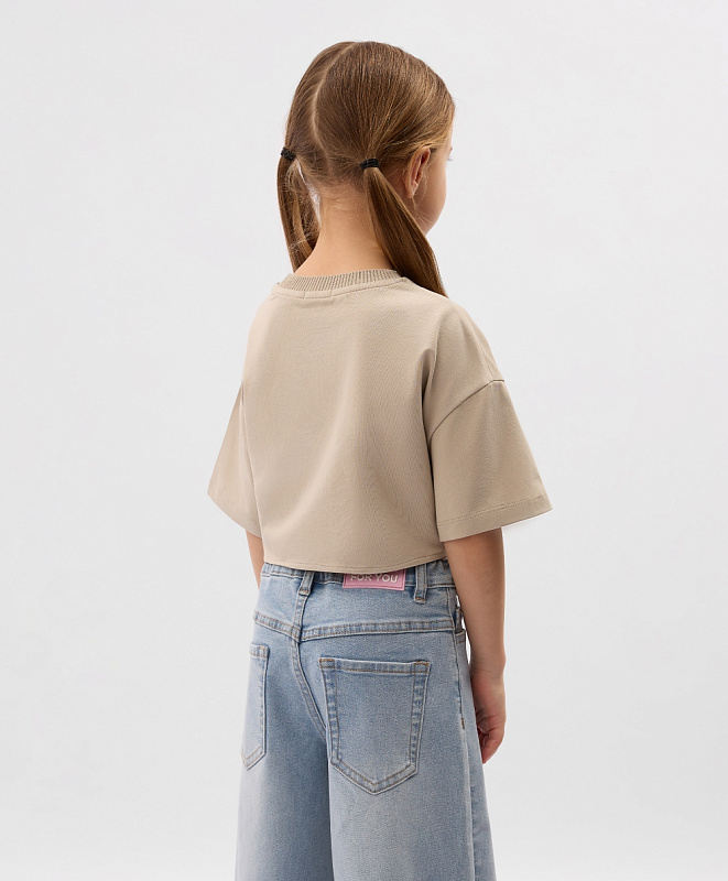 Футболка для девочки укороченная с завязками бежевая